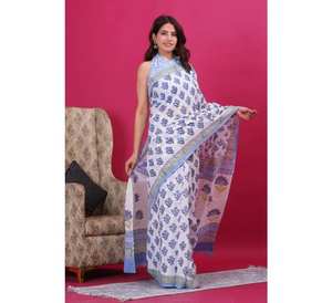 Bloque de mano impreso algodón Mulmul Saree con pieza de blusa adjunta verano suave hecho a mano para fiestas indias y paquistaníes - Product Image 4