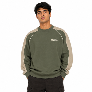 Sudadera de cuello redondo verde oliva para hombre High Street con mangas beige en contraste y ribete blanco, corte holgado, forro polar, OEM ODM - Product Image 1