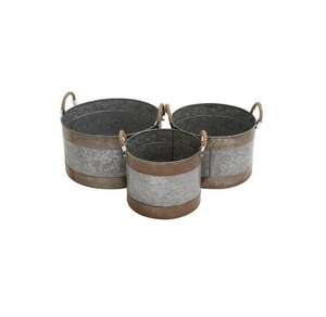 Juego de 3 piezas de plástico galvanizado con forma redonda, centro de mesa para decoración de suelo de boda, macetero de flores y árboles, con asas de yute - Product Image 1