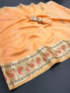 Traditionele Look Indian <span class=keywords><strong>Designer</strong></span> <span class=keywords><strong>Saree</strong></span> In Organza Zijde Met Weefwerk Rand Met Blouse Stuk - Product Image 2
