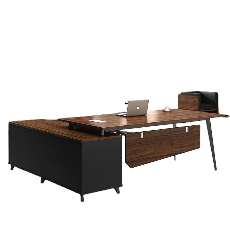Simple European Walnut Metal Feet Office Desk Large Executive Desk With Side Table