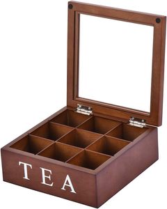 Caja de almacenamiento de té de madera, bolsita de té que almacena 9 compartimentos Caja de té de madera Tapa de vidrio con bisagras Organizador de té-Marrón - Product Image 2