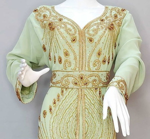 Alta calidad verde claro marroquí Georgette Kaftan diseñador ropa modesta con cuello alto mangas completas Hijab a prueba de Sol para musulmanes - Product Image 2