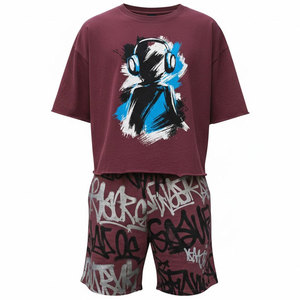 Conjunto de Camiseta y Pantalones Cortos Deportivos para Hombre, Diseño con Paneles en Contraste de Color Sólido, para Uso Casual y Actividad Física, Transpirable, 100% Algodón - Product Image 1