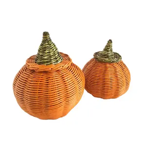 New Arrival 2024 Rattan Pumpkin-shaped Storage Basket Halloween Rattan Pumpkin Candy Holder