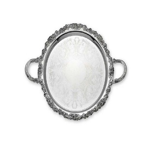 Bandeja de servir plateada brillante personalizada con asa con diseño de grabado central para el hogar, hotel, restaurante, fiesta de boda - Product Image 2