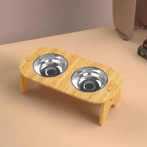 Eco Friendly Spun Bamboo Pet <b>Bowl</b> <b>Stand</b> With 2 Stainless Steel <b>Bowls</b> Raised <b>Wooden</b> Feeding Station For <b>Dogs</b> And Cats - Product Image 1