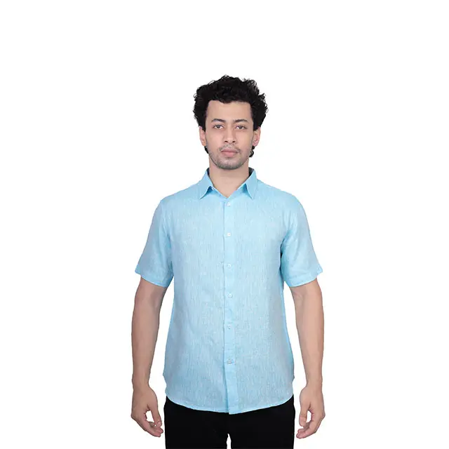 カスタムロゴメンズシャツ男性用カジュアルブラックシャツ半袖ボタンアップシャツインドのメーカーサプライヤー