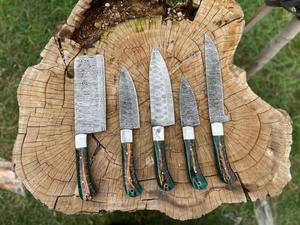 Juego de Cinco Cuchillos de Cocina de Acero de Damasco con Mango de Madera de Pino, Cuchillo de Carnicero, Cuchillo para Filetear, Cuchillo para Desollar, Hecho para Chefs - Product Image 2