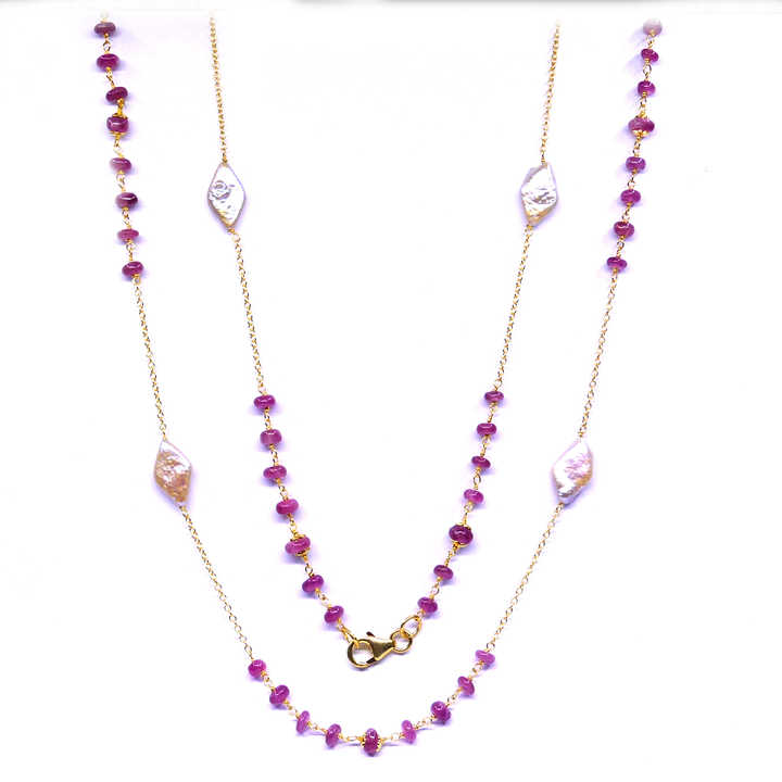 Designer Daily Wear 925 Sterling Silver Ruby Pearl Gemstone Gold Plated Women Wear link Chain Necklace