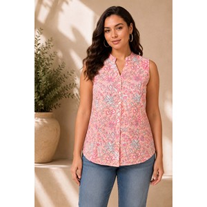 Camiseta sin mangas para mujer - Nawabiyat Dilruba con estampado floral de melocotón hecho a mano - Product Image 1