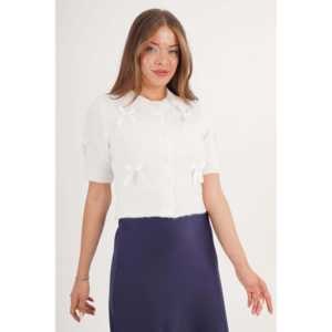 Wholesale Short Sleeve <b>White</b> Bow Ribbon Knitted <b>Cardigan</b> for <b>Women</b> - Product Image 6