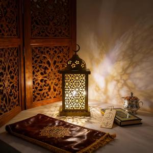 Gold Metal Moroccan <b>Candle</b> <b>Lantern</b> with Crescent Top Intricate Cutwork Warm Glow Perfect for Ramadan Home Decor - Product Image 3