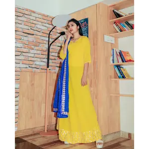 Vestido de Fiesta Largo con Lentejuelas Amarillo Brillante, Dupatta Lehariya, Vestido de Gala con Detalles Decorativos de Rayón en Varios Tamaños - Product Image 6