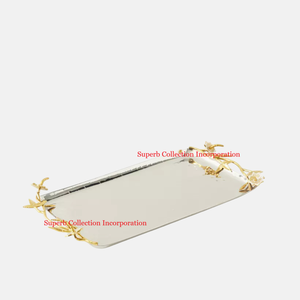 Bandeja de metal plateado de la mejor calidad con mango de acento dorado antiguo, vajilla de cocina al por mayor, bandeja para servir galletas y aperitivos para invitados - Product Image 6