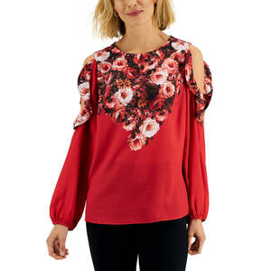 Collezione JM Top Floreale da Donna con Spalle Scoperte in Stile Misto, Rosso, Taglia S - Stile Casual in Tessuto Chiffon - Product Image 1