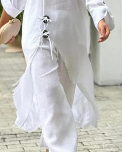 Conjunto de dos piezas blanco elegante para mujer, Top túnica asimétrica de manga larga con un hombro y pantalones de pierna ancha sueltos, ropa informal de verano - Product Image 2