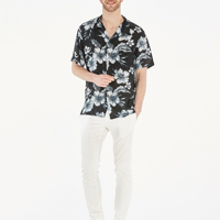 Chemise Hawaïenne Homme Personnalisée à Double Boutonnage, Manches Courtes Unies, Anti-Plis, en Tissu Tricoté Teint en Pièce, Motif PUFFIN