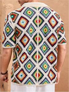 Camisas de punto a rayas Camisa de manga corta con botones 100% Acrílico botón abajo manga corta cuello ahueca hacia fuera la camiseta - Product Image 2