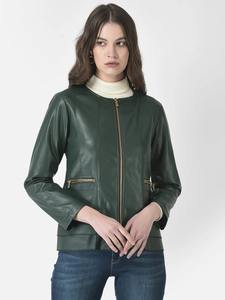 Chaqueta de Cuero Genuino Verde Oscuro para Mujer, sin Cuello, con Cierre, Estilo Motociclista, Herrajes Dorados, Corte Ajustado, Informal, para Otoño e Invierno, Ropa Exterior de Algodón - Product Image 2