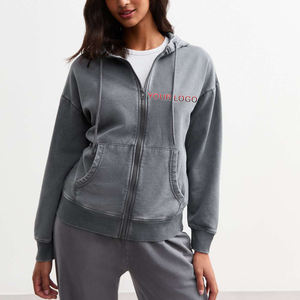 OEM/ODM 100% coton Terry Stone Washed Zip Up Sweats à capuche pour femmes surdimensionnés personnalisé en détresse broderie Logo Hoodies & Sweatshirt - Product Image 4