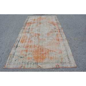 Alfombra turca Vintage de 5x9 pies, patrón de retales de tejido plano de lana beige naranja para decoración de pasillo de sala de estar, respaldo de látex - Product Image 1