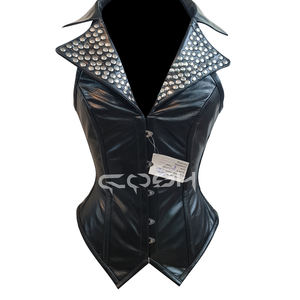 Corsé de cuero negro sexy estilo rockero con tachuelas plateadas y cierre frontal de busk - Product Image 1