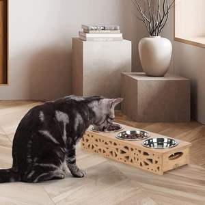 Raised Cat Food <b>Bowl</b> Elevated and Water Bamboo Cat Feeding <b>Bowl</b> Pet Food <b>Stand</b> 3 Stainless Steel - Product Image 4