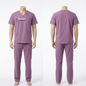 Mens Scrub Uniform Set 180 GSM Poly Cotton Stretch Fabric Dusty Mauve V Neck Chest Utility Pockets Custom Heat Transfer Logo - Product Image 1