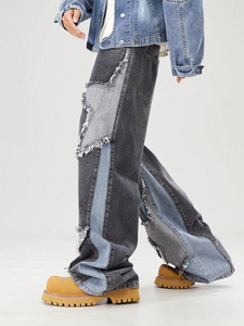 Demin กางเกงยีนส์ฮิปฮอปเอวสูงสำหรับผู้ชาย, กางเกงยีนส์ฮิปฮอปขาตรงปักลายดาวสไตล์ลำลองสีเทามีสีต่อกันไซส์พิเศษ - Product Image 2