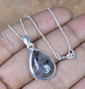 Poire Forme Designer Pendentif Cadeau Pour Elle À La Main Noir Rutile Mode Pendentif 925 En Argent Sterling Pierres Précieuses Pendentif Bijoux - Product Image 5