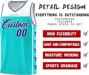 Conjunto de Uniforme de Baloncesto Personalizado Unisex Azul Turquesa Cuello en V Sin Mangas Malla Transpirable Impresión Sublimada Número 00 Uniforme de Equipo - Product Image 2