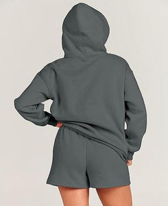 Nueva llegada de alta calidad de las mujeres de 2 piezas recortada Sudadera con capucha pantalones cortos conjunto logotipo personalizado hombro caído verano ropa deportiva corta sudor rodilla - Product Image 4