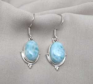 Boucles d'oreilles pendantes en argent sterling 925 de qualité supérieure, avec larimar bleu certifié GIA, taille ovale - Product Image 3