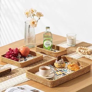 Bandejas rectangulares de mimbre tejidas a mano ecológicas, fabricación vietnamita con decoración de cerámica de perla madre - Product Image 6