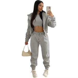 Wholesale Custom <b>Women's</b> Two Piece Zipper Hoodie Pants Sweat Suit Set with Embroidered Mesh Lace Cotton <b>Fleece</b> Tracksuits - Product Image 5