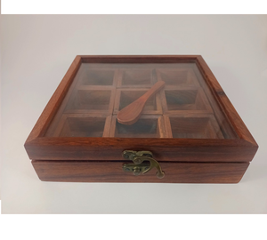 Boîte à épices en bois d'acacia massif Porte-épices en bois à 4 compartiments Boîte à épices en bois artisanale - Product Image 4