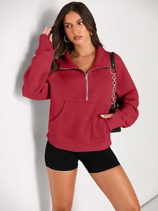 Women's <b>Cropped</b> <b>Zip</b>-<b>Up</b> Sweatshirt Solid Red Long Sleeve Fleece Stand Collar Autumn Wear - Product Image 6