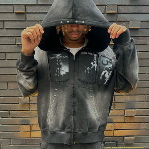 Ropa de calle, envío directo, logotipo personalizado, algodón Vintage lavado, alta calidad, lavado ácido, Sol desteñido, lavado, Sudadera con capucha desgastada para hombres - Product Image 4