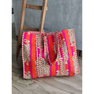 Bolsa de Mano de Lona Bordada a Mano - Fucsia y Naranja, Forro de Algodón Lavable Ecológico, para Todas las Temporadas - Product Image 2