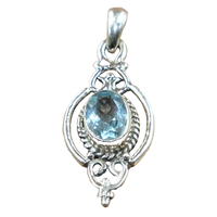Pendentif ovale en argent sterling 925 avec topaze bleue, filigrane fait main |   Charme de bijoux en pierre précieuse naturelle avec bordure en corde vintage pour femmes
