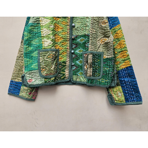 Indian Handcrafted Vintage Kantha Quilted Silk <b>Saree</b> Patchwork Women's Winter <b>Jacket</b> Boho Chic Artisan Comfort Stripe Reversible - Product Image 5