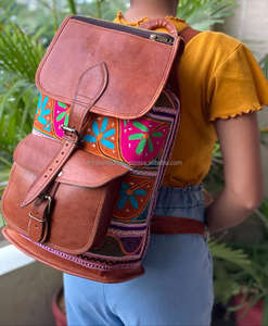 Sac à dos en cuir de chèvre véritable, Vintage, broderie faite à la main, bohème ethnique, sacs à dos multicolores - Product Image 4