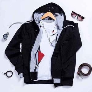 Venta caliente Negro hombres sudaderas con capucha invierno OEM personalizable con capucha canguro bolsillo cremallera moda 3D ropa con técnicas de hojaldre - Product Image 6