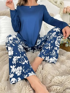 Conjunto de pijama de tela de fibra sedosa con estampado Digital de lujo para mujer, pantalones largos de manga larga transpirables para el verano - Product Image 3