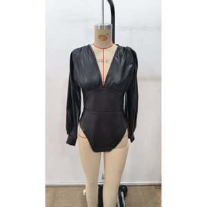 Women's <b>Long</b>-<b>Sleeved</b> Deep V-Neck Leather <b>Bodysuit</b>, 37794 - <b>Black</b> - Product Image 5