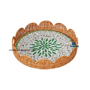 Bandeja de ratán de Vietnam de alta calidad, forma redonda con incrustaciones de nácar de concha de Capiz para decoración y regalos de lujo para el hogar - Product Image 1