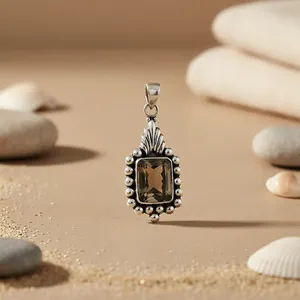 Pendentif en argent 925 avec quartz fumé pour femmes, plaqué or rose et rhodium, pierre précieuse de forme émeraude, bijoux avec charme à motif numérique - Product Image 2