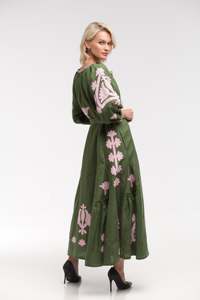 เดรสยาวทรงแม็กซี่สไตล์โบฮีเมียน ผ้าลินินสีพื้น คอวี ปักลายสไตล์ตะวันตก แขนยาว คาดเข็มขัดเอวธรรมชาติ สไตล์สตรีทแวร์ เรียบร้อย - Product Image 2