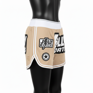 Shorts de sport pour femmes, 240 GSM, coton et polyester, polaire beige et blanc, panneau latéral, logo brodé personnalisé. - Product Image 3